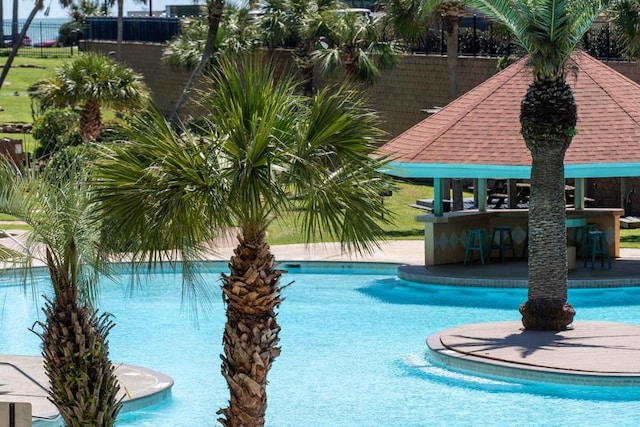 view of swimming pool with an outdoor bar