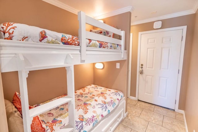 tiled bedroom with ornamental molding