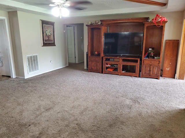 living room with light colored carpet and ceiling fan