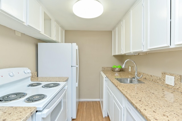 kitchen featuring white cabinetry, sink, light stone countertops, light hardwood / wood-style flooring, and white range with electric stovetop