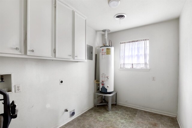 laundry room featuring cabinets, electric dryer hookup, water heater, electric panel, and hookup for a gas dryer