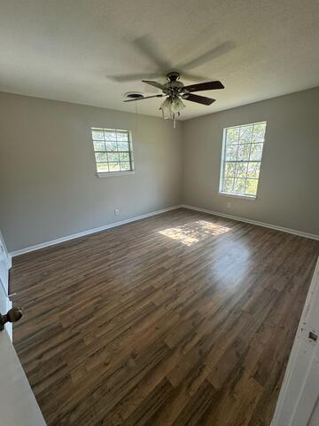 unfurnished room featuring dark hardwood / wood-style flooring, plenty of natural light, and ceiling fan