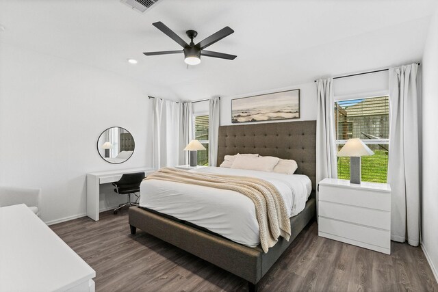 bedroom featuring dark wood-type flooring and ceiling fan