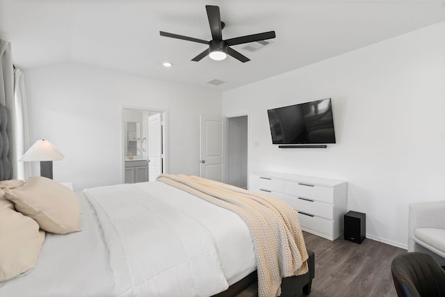 bedroom with dark hardwood / wood-style floors, connected bathroom, and ceiling fan