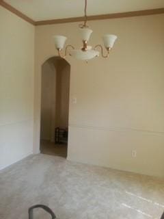 2106 Whirlaway Dr, Stafford, TX 77477 - unfurnished dining area featuring arched walkways and a notable chandelier