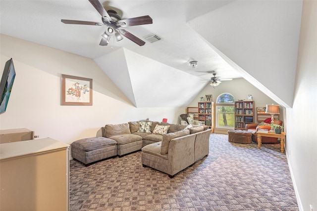 carpeted living room with vaulted ceiling and ceiling fan