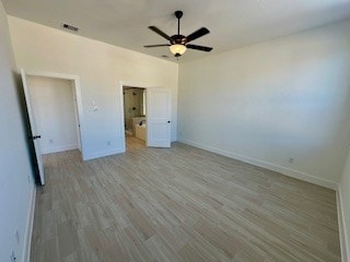 unfurnished bedroom featuring ceiling fan and light wood-type flooring