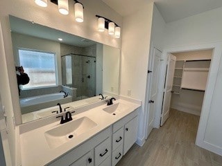 bathroom featuring hardwood / wood-style flooring, plus walk in shower, and vanity