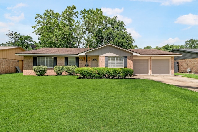 ranch-style house with a front yard and a garage