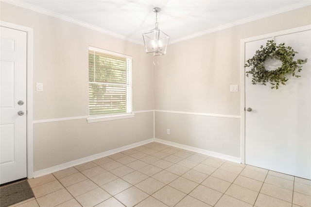 tiled empty room with crown molding and a notable chandelier