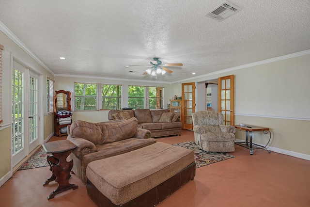 living room with light carpet, french doors, a textured ceiling, and crown molding