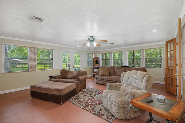 living room featuring french doors, crown molding, a textured ceiling, and ceiling fan