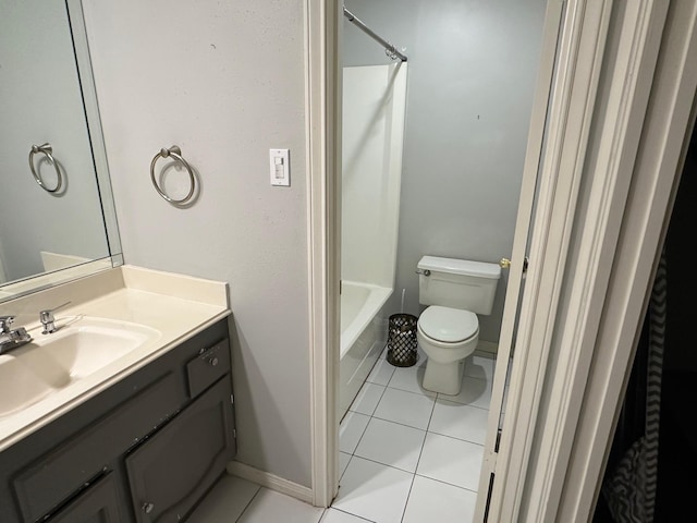 full bathroom with tile patterned flooring, vanity,  shower combination, and toilet