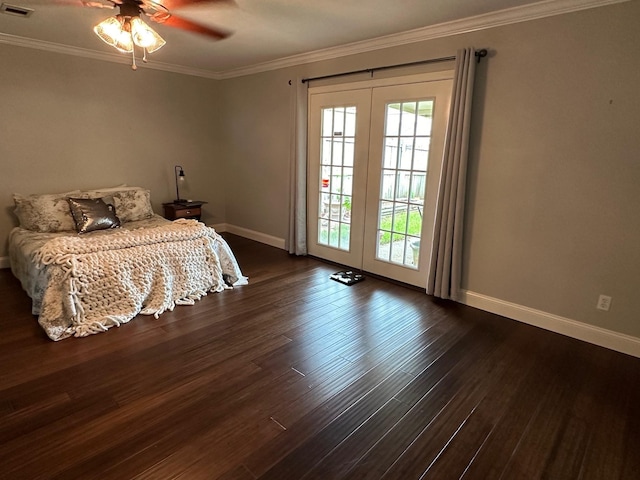 bedroom featuring dark hardwood / wood-style flooring, access to outside, ceiling fan, and ornamental molding