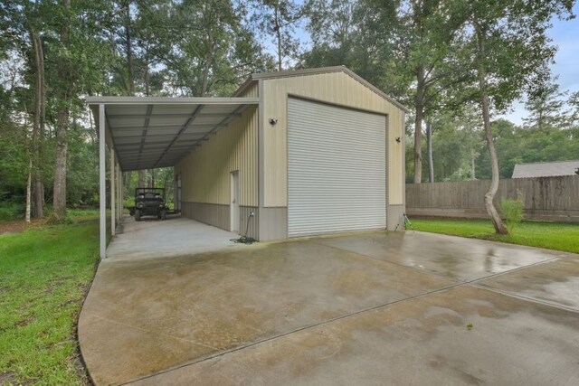 garage with a lawn