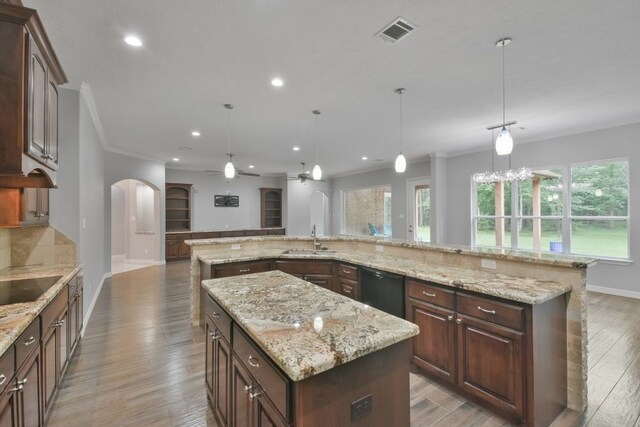 kitchen with ceiling fan, decorative light fixtures, light stone counters, a spacious island, and sink