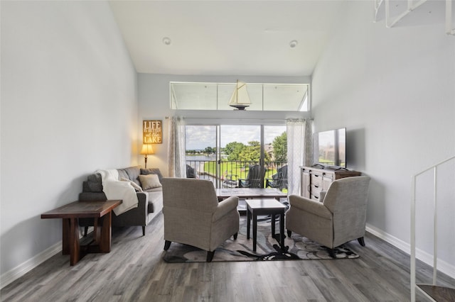 living room with wood finished floors, a towering ceiling, and baseboards