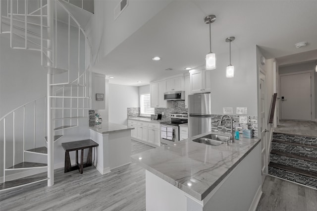 kitchen featuring a peninsula, a sink, white cabinetry, appliances with stainless steel finishes, and backsplash