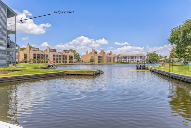 view of water feature with a boat dock