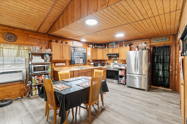 kitchen featuring appliances with stainless steel finishes, sink, wood ceiling, and light wood-type flooring