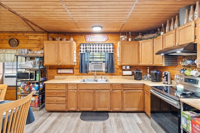 kitchen featuring light hardwood / wood-style floors, wood ceiling, wooden walls, sink, and appliances with stainless steel finishes