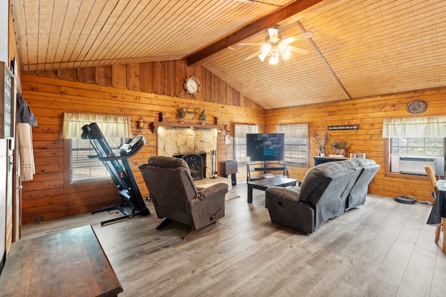 living room with ceiling fan, beam ceiling, wood ceiling, wood walls, and hardwood / wood-style flooring