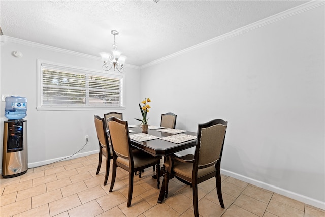 tiled dining room with a notable chandelier, a textured ceiling, and crown molding