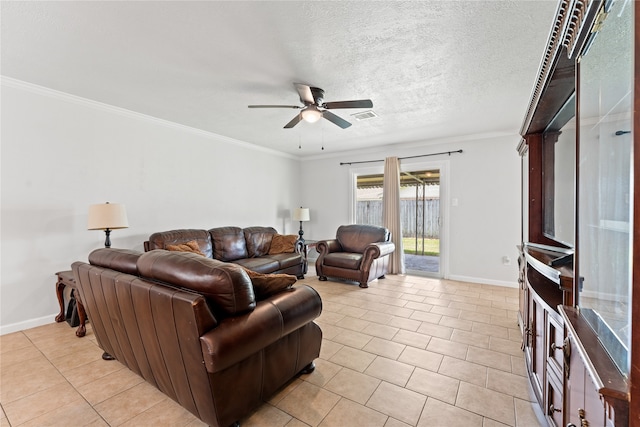 living room featuring a textured ceiling, crown molding, light tile patterned floors, and ceiling fan