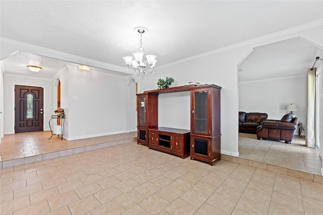 interior space with ornamental molding, light tile patterned flooring, and a chandelier