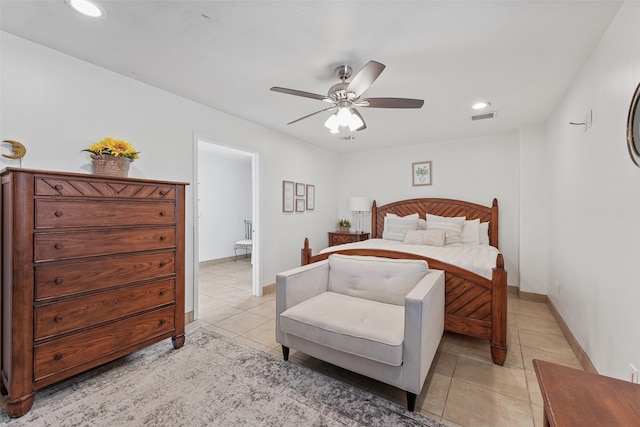 bedroom featuring light tile patterned floors and ceiling fan