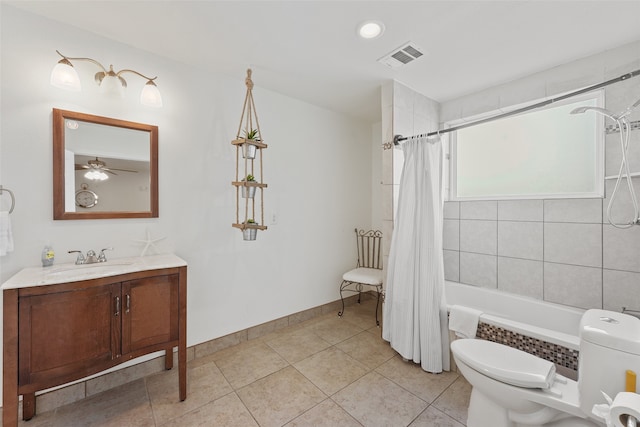 full bathroom featuring ceiling fan, shower / tub combo with curtain, toilet, tile patterned floors, and vanity