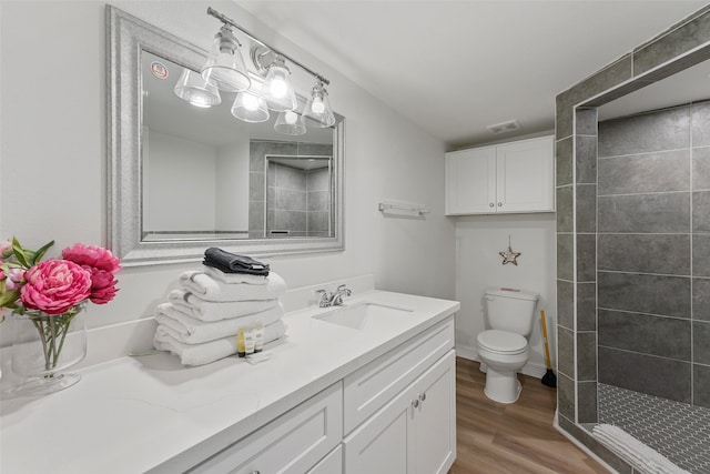 bathroom featuring toilet, vanity, and wood-type flooring