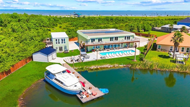 aerial view featuring a water view