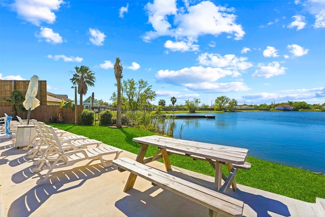 view of property's community featuring a water view and a lawn