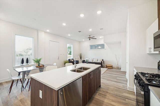 kitchen with light hardwood / wood-style floors, appliances with stainless steel finishes, dark brown cabinets, sink, and ceiling fan