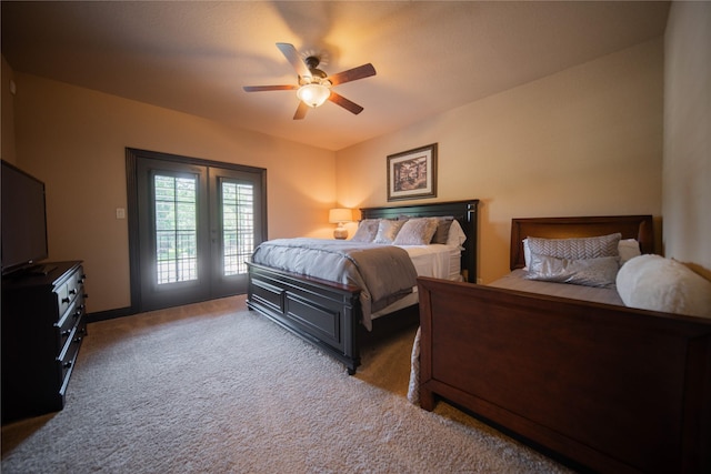 carpeted bedroom with access to outside and ceiling fan