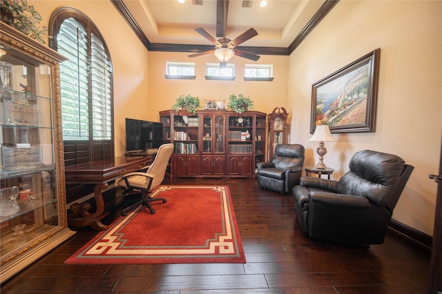 office with dark hardwood / wood-style floors, plenty of natural light, a tray ceiling, and ceiling fan