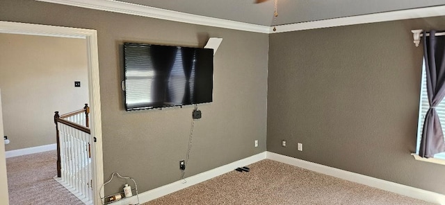 unfurnished room featuring ornamental molding and carpet floors