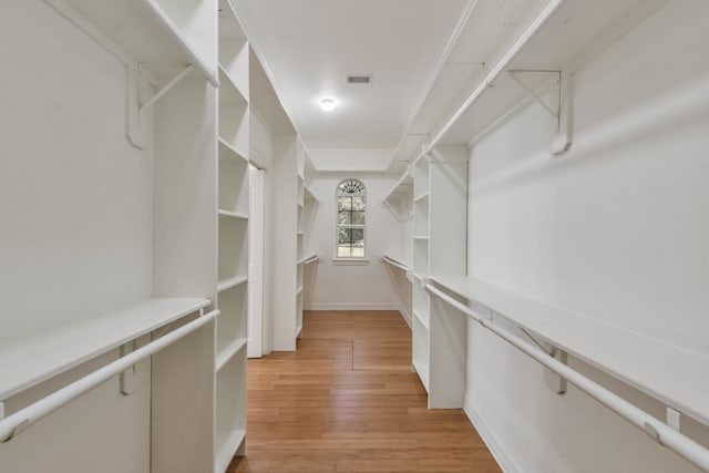 spacious closet with light hardwood / wood-style flooring