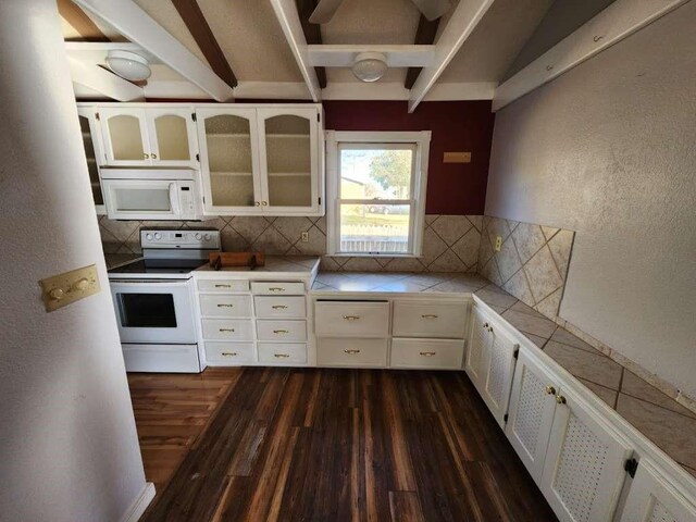 kitchen featuring white cabinetry, white appliances, tasteful backsplash, and dark hardwood / wood-style floors