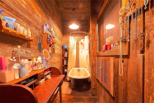 bathroom with plus walk in shower, wood walls, wood ceiling, and wood-type flooring