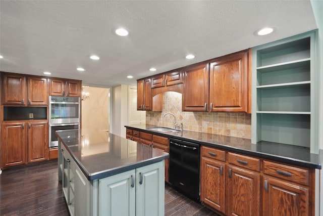 kitchen with a sink, dark countertops, stainless steel double oven, open shelves, and dishwasher