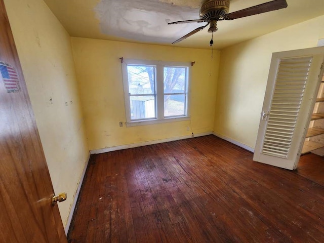 empty room featuring ceiling fan and dark hardwood / wood-style floors