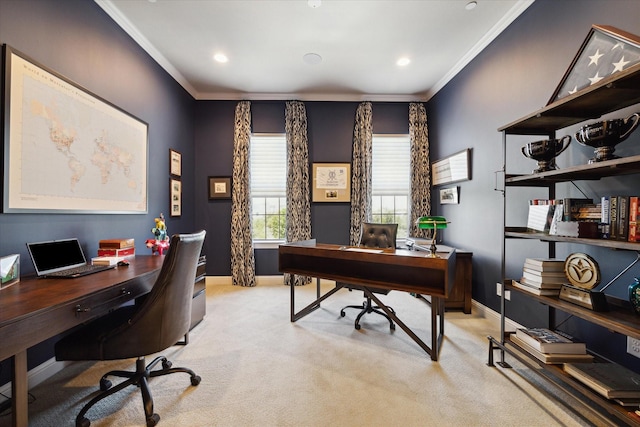 carpeted office featuring crown molding