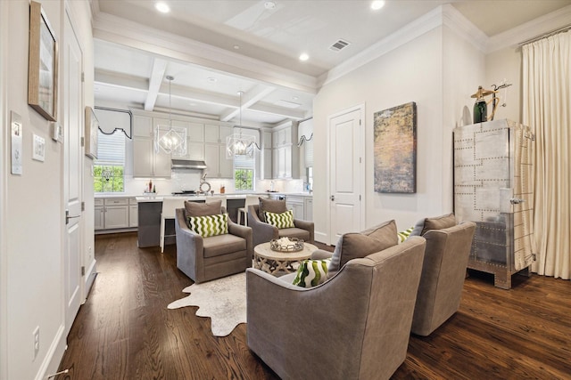 living room with beam ceiling, a healthy amount of sunlight, dark hardwood / wood-style flooring, and coffered ceiling