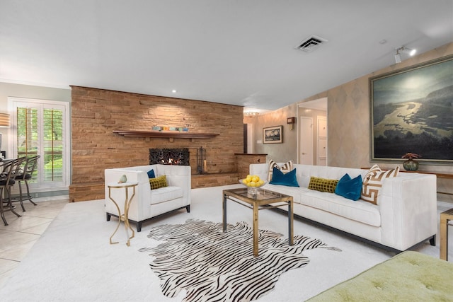 tiled living room with wooden walls