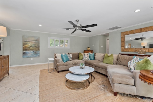 tiled living room featuring ornamental molding and ceiling fan