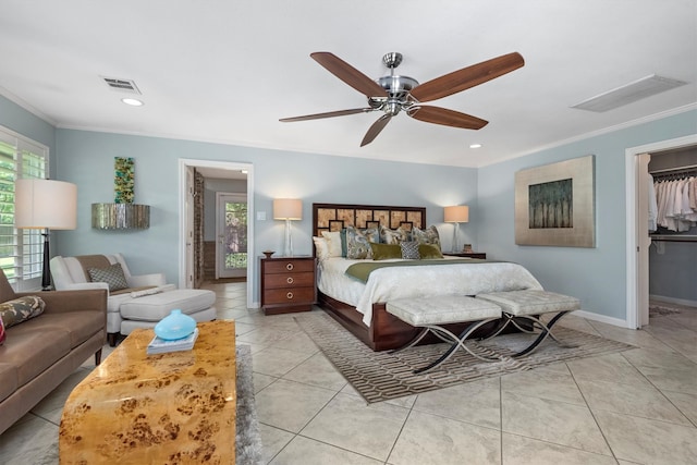 bedroom featuring ceiling fan, multiple windows, crown molding, and light tile flooring