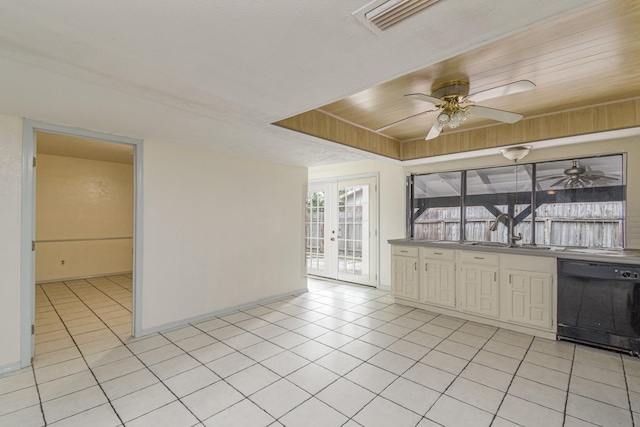 interior space with french doors, wood ceiling, a raised ceiling, dishwasher, and light tile patterned flooring