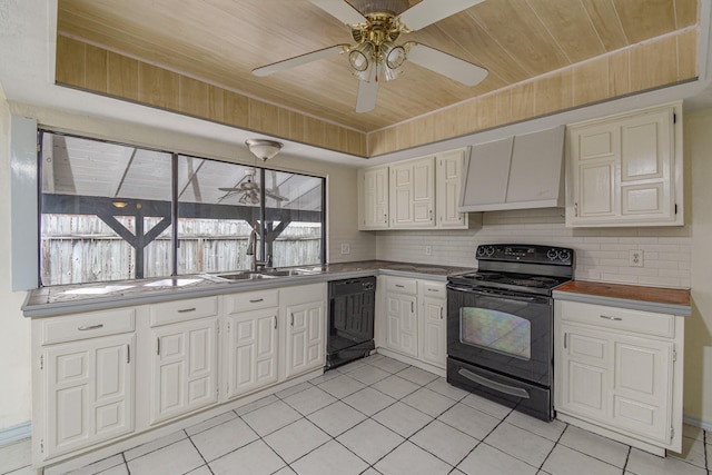 kitchen with backsplash, premium range hood, wood ceiling, ceiling fan, and black appliances